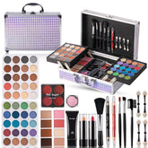 Hot Sugar makeup kit case in purple houndstooth, durable aluminum frame protects cosmetics.