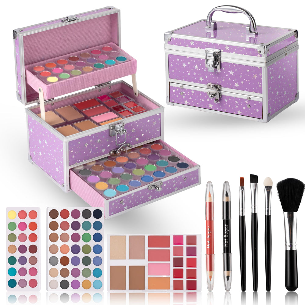 Hot Sugar teens makeup kit train case open showing vibrant eyeshadows for travel