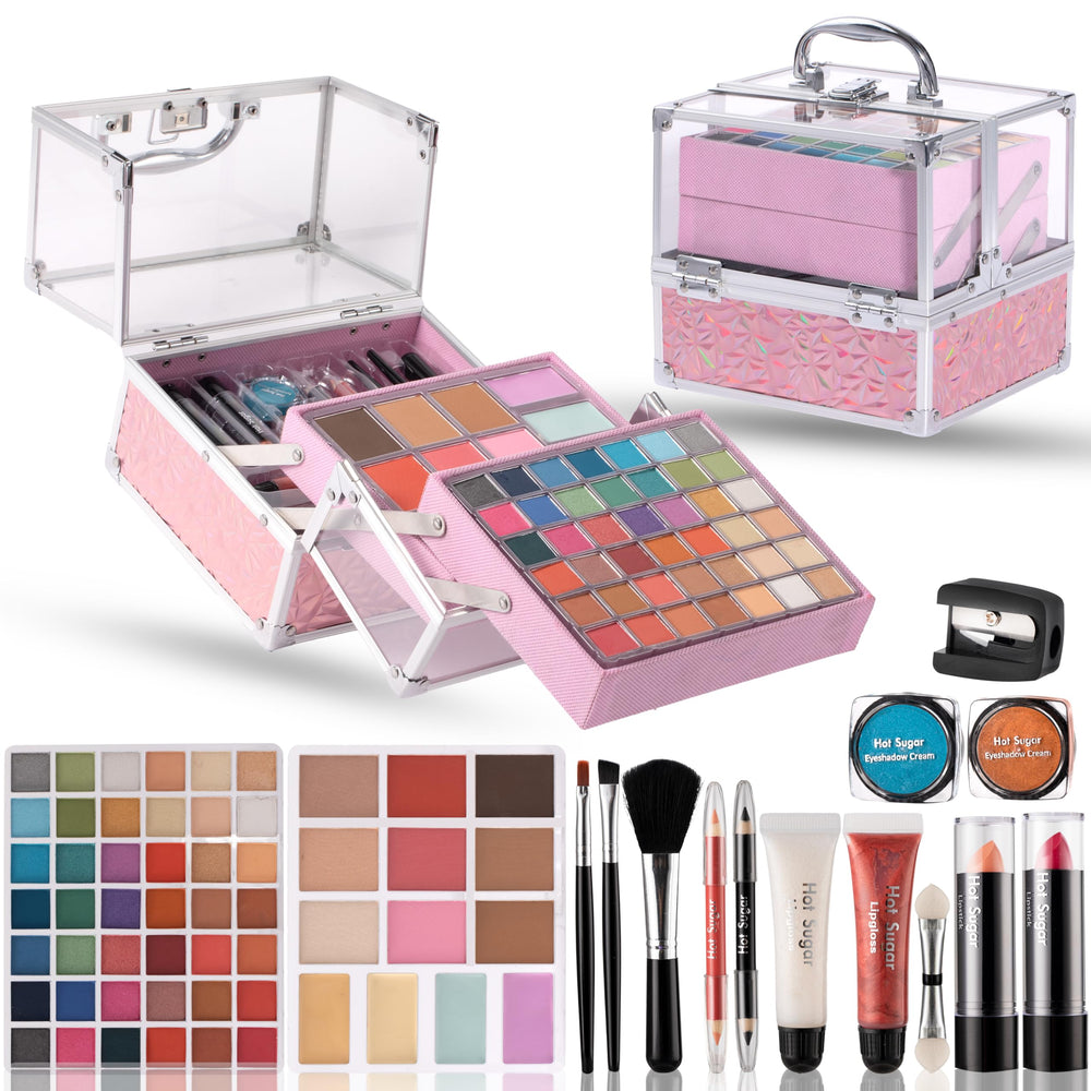 Hot Sugar teen makeup kit in pink train case, portable for sleepovers.