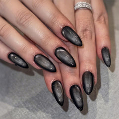 HPYFOI black almond press-on nails with polka dot design for fast at-home manicure.