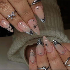 HPYFOI silver press-on nails glossy finish adds chic shine