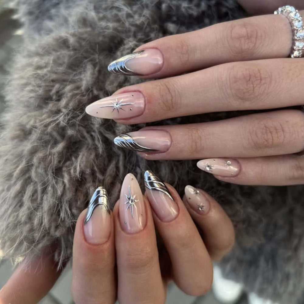 HPYFOI silver press-on nails package contents for quick at-home manicure