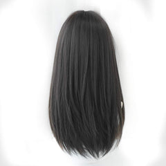 HUAISU long black straight wig with bangs side view for versatile styling and comfortable fit.