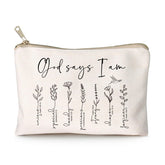 HubbgDesign God Says You Are cosmetic bag with floral bible verse for daily inspiration.