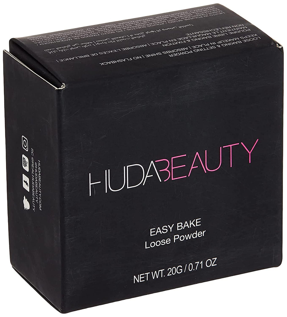 Huda Beauty Easy Bake Cupcake powder jar shows velvety texture for flawless setting.