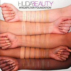 Huda Beauty FauxFilter swatches display shade range for even tones and easy matching.