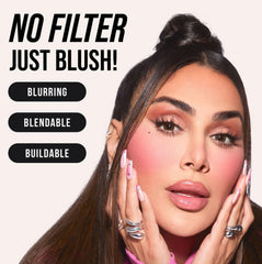 Huda Blush Filter Peach Sorbet swatches show buildable color