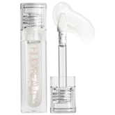 Huda Faux Filler Extra Shine Lip Gloss Glassy front bottle shows a clear, high-shine finish