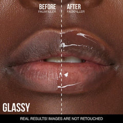Huda Faux Filler Extra Shine Lip Gloss Glassy lip swatch reveals clear, reflective shine