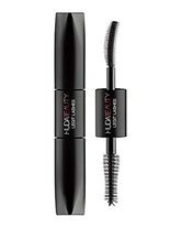 Huda Legit Lashes Mascara Volume side bottle highlighting fuller lashes for a bold look.
