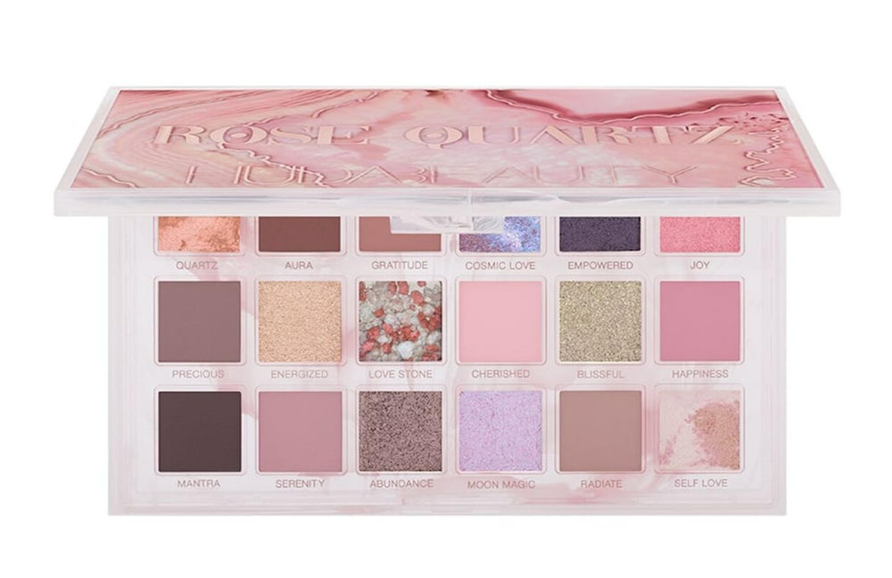 Huda Rose Quartz palette closeup showing rich pigments and smooth texture for blending