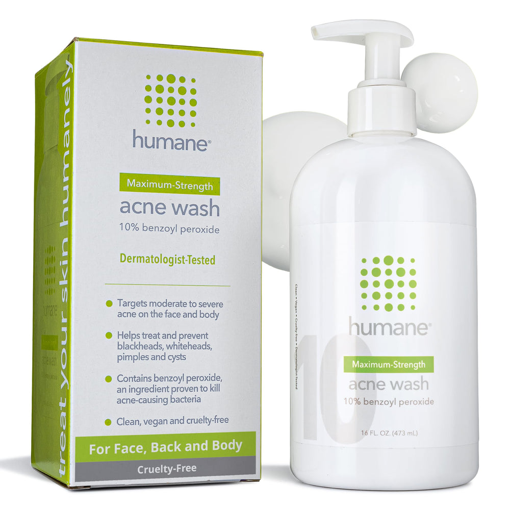 Humane benzoyl peroxide acne body wash bottle front showing maximum-strength formula.