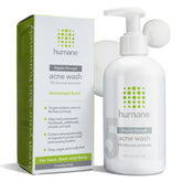Humane benzoyl peroxide face wash bottle showing regular-strength formula for acne-prone skin.