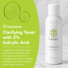 Humane Clarifying Toner label close-up shows clean ingredients and dermatologist-tested reassurance