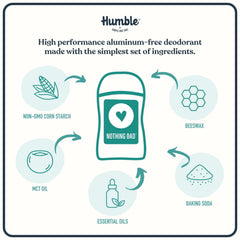 Humble Brands deodorant features baking soda and non-GMO ingredients for natural odor management.