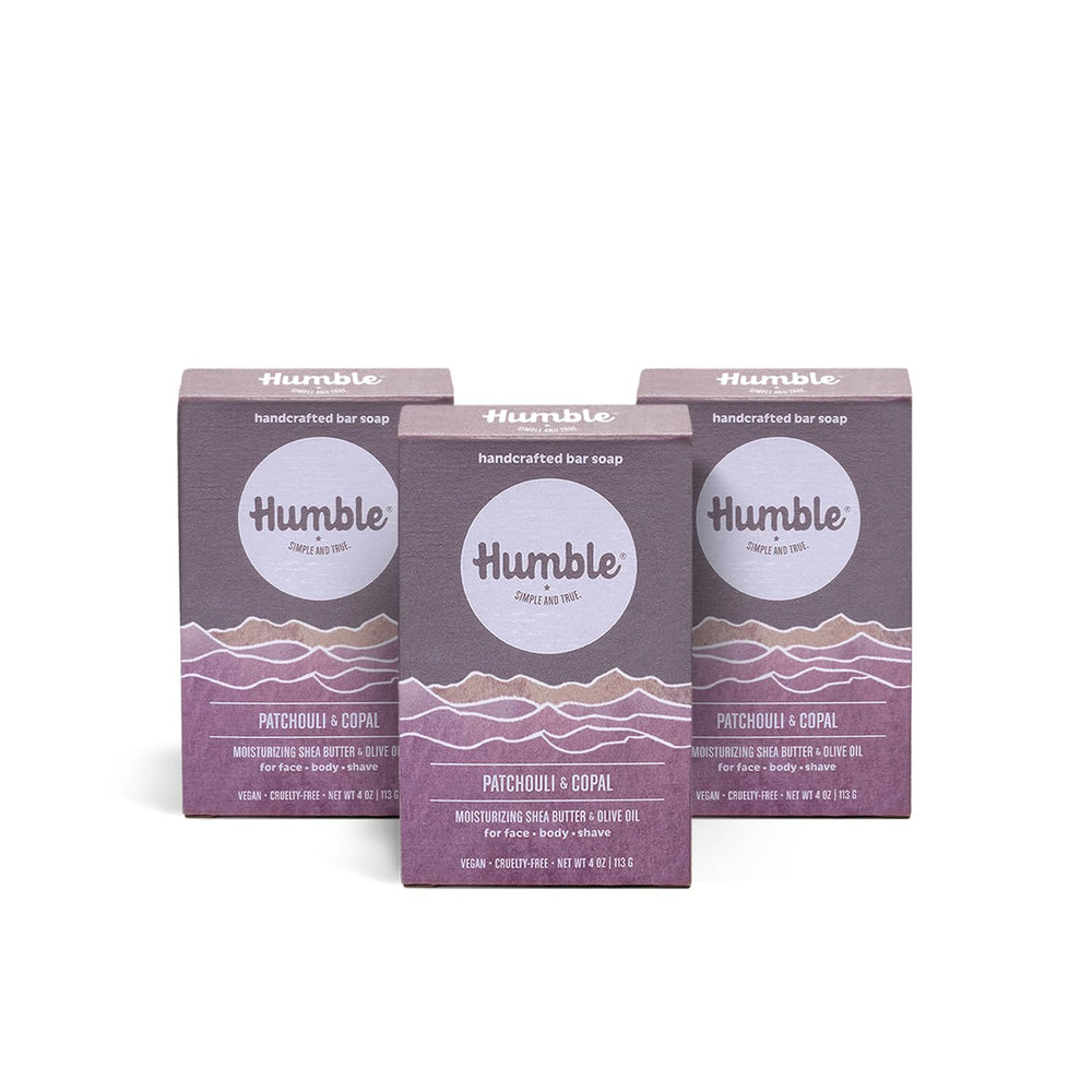 HUMBLE patchouli-copal soap bar with rich lather for hands and skin.