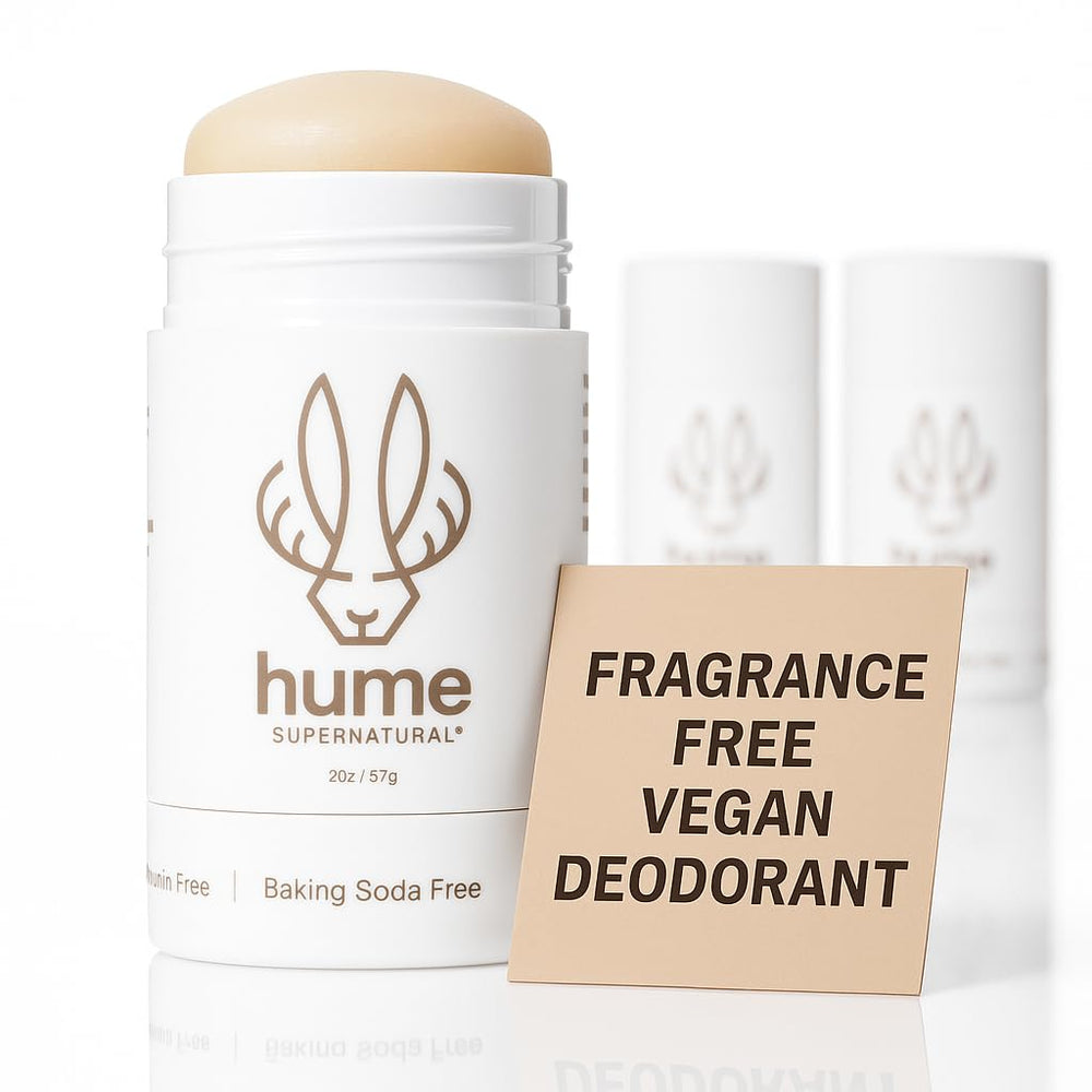 Hume Supernatural aluminum-free deodorant bottle offering aluminum-free odor protection for daily wear.
