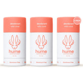 Hume Supernatural aluminum-free deodorant Wild Coral 3-pack for odor control and daily freshness.