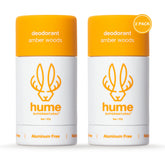 Hume Supernatural amber-woods 2-pack packaging shows aluminum-free deodorant for long-lasting odor control