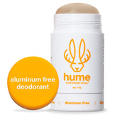 Hume Supernatural amber woods deodorant bottle shows aluminum-free protection and warm scent