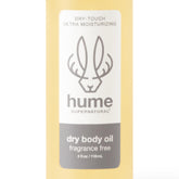 HUME SUPERNATURAL dry body oil spray bottle, fast absorption for dry skin.