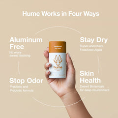 Probiotic and prebiotic formula nourishes skin while absorbing moisture.