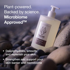 Hume Supernatural Vanilla Daze bottle pump, creamy texture elevates shower ritual with comfort.