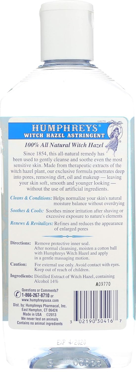 Humphreys Witch Hazel label detail showing 100% natural ingredients.