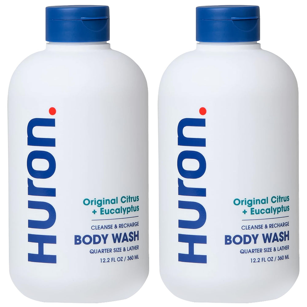 Huron men's body wash bottle with crisp citrus scent for a refreshing start.