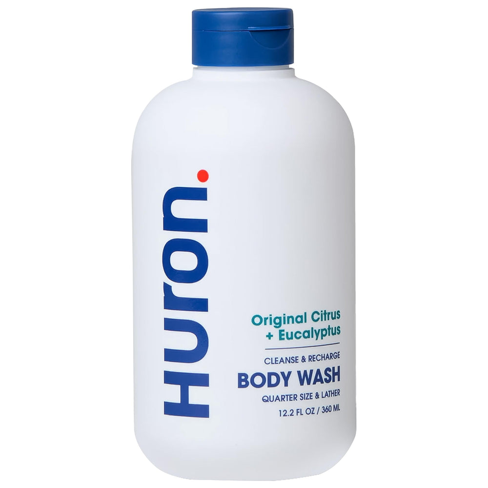 Huron men's body wash bottle front view with invigorating citrus scent for energized mornings