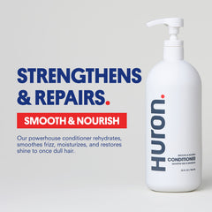 Huron Men's Conditioner bottle back highlights vegan, cruelty-free ingredients and recyclable packaging.
