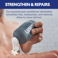 Huron Men's Conditioner bottle being poured for easy, even application.