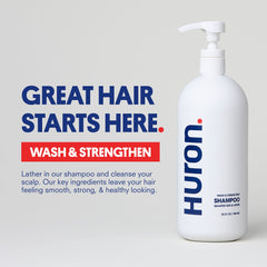 Huron shampoo label close-up highlighting argan oil and vitamins E and B7