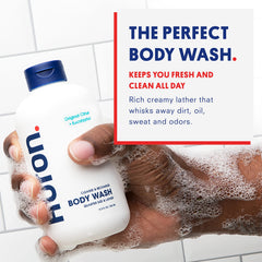 Huron body wash label close-up highlighting sandalwood and amber notes