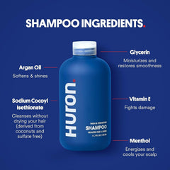 Huron body wash bottle with Sea Salt + Driftwood fragrance for refreshed skin.