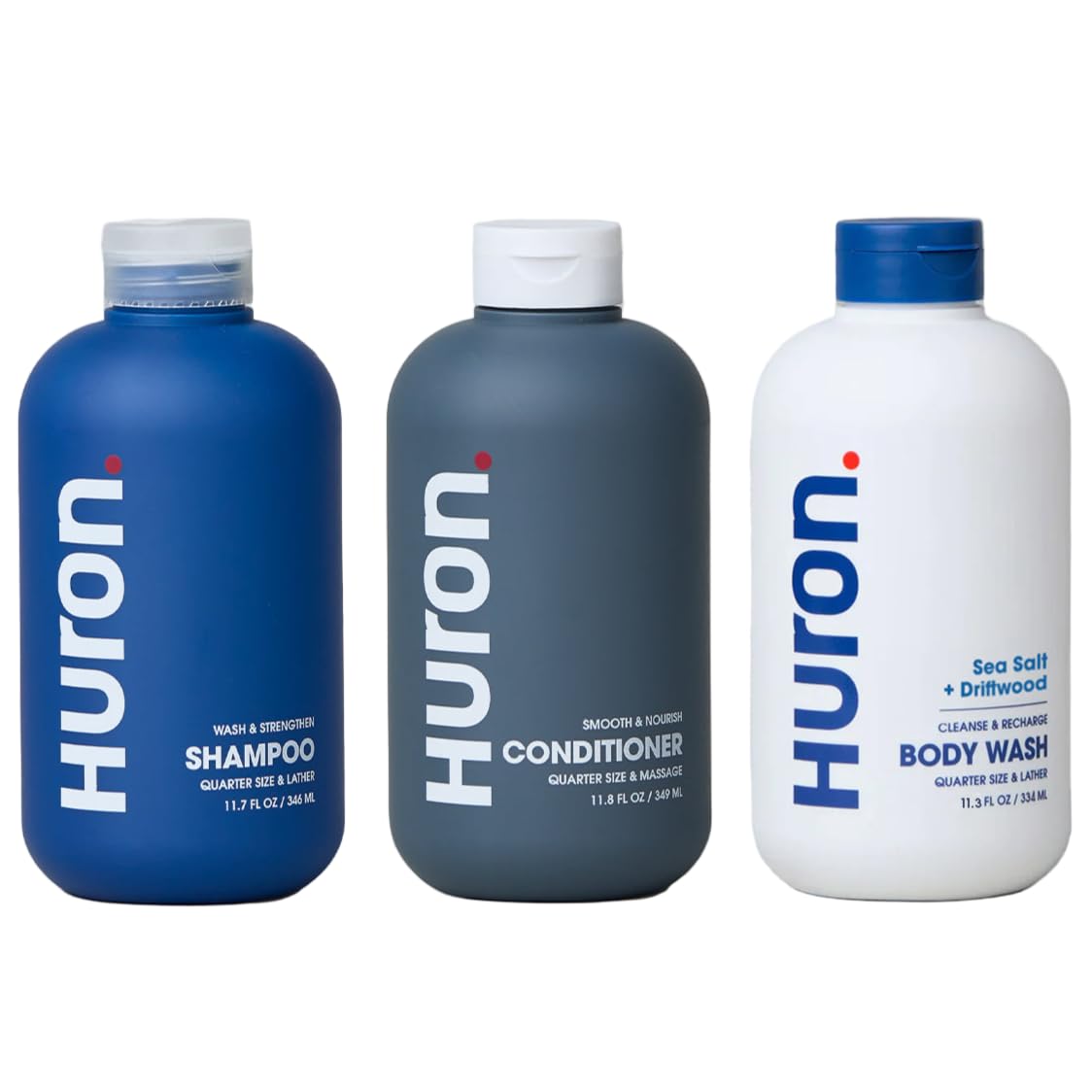 Huron shampoo bottle featuring Sea Salt + Driftwood scent for hydrated hair.