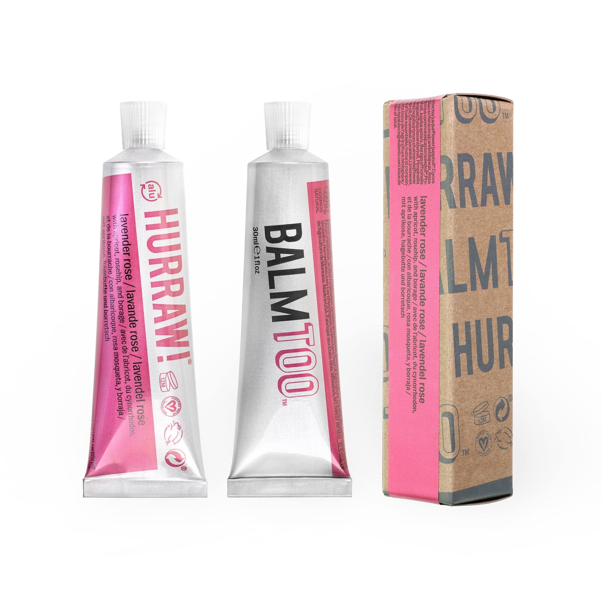 Hurraw! Balmtoo Lavender Rose texture close-up, ultra-moisturizing for all-over skin use.