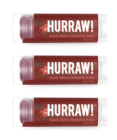 Hurraw Black Cherry Tinted Lip Balm three-pack tubes for natural sheer red color.