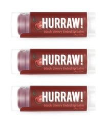 Hurraw Black Cherry Tinted Lip Balm three-pack tubes for natural sheer red color.