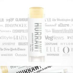 Label on Hurraw! balm shows certified organic vegan ingredients for purity.