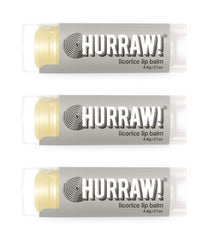 Hurraw! Licorice lip balm 3-pack in a white box for daily lip care.