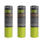 Hurraw Lime & Coconut lip balm in cardboard tubes promotes eco-friendly lip care.