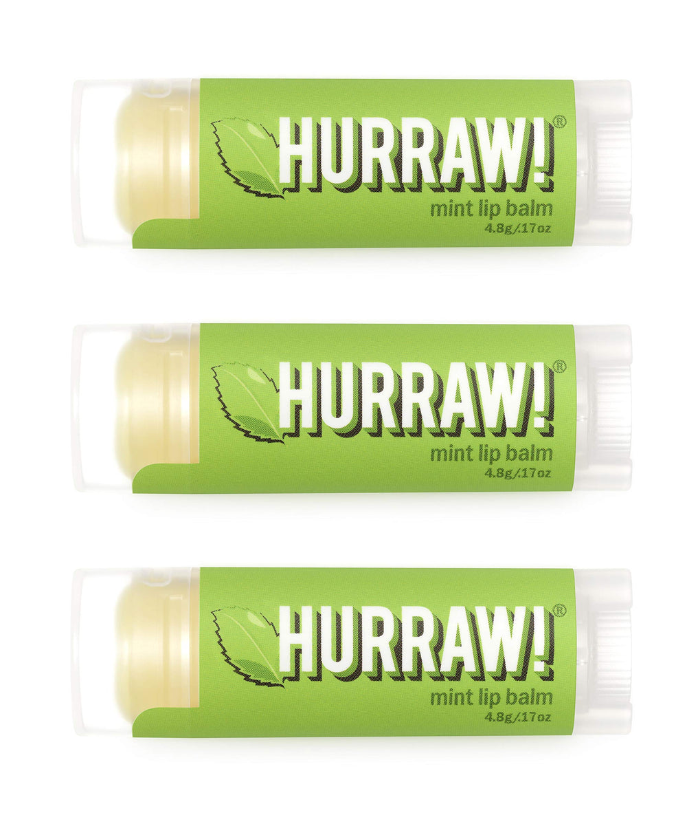 Hurraw! Mint Lip Balm three-pack tubes with daily lip nourishment.