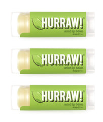 Hurraw! Mint Lip Balm three-pack tubes with daily lip nourishment.