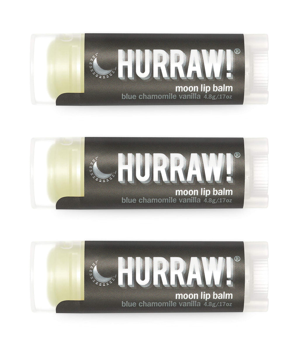 Hurraw! Moon Night lip balm trio in oval tubes for soothing overnight lip care.