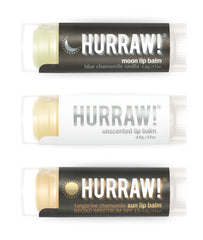 Hurraw! Moon Night Treatment unscented lip balm pack highlighting all-natural, nightly hydration.