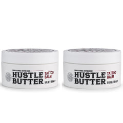 Hustle Butter Deluxe tattoo balm jar close-up for soothing aftercare.