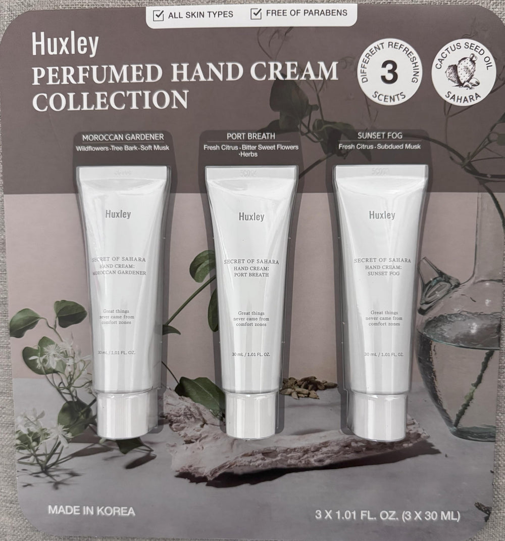 Huxley hand cream collection tubes for quick-absorbing moisture.