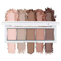 Hxssll palette swatch row displaying peach, taupe, and mocha tones for easy shade pickup.