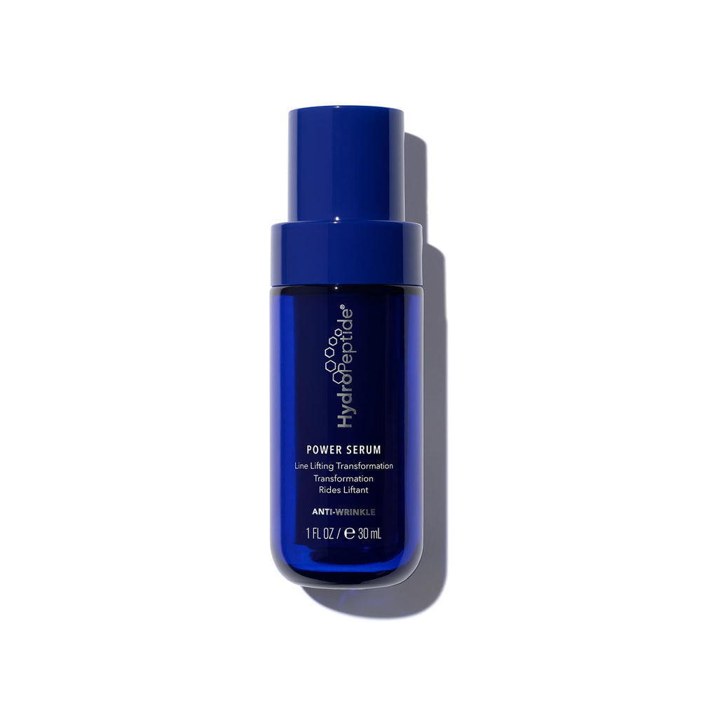 HydroPeptide Power Serum bottle with pump demonstrates line-lifting action for firmer skin